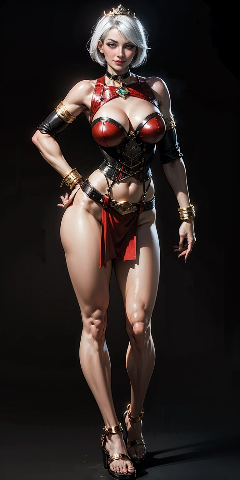 ((BLACK BACKGROUND)) female full body standing straight symmetrical two metal sandals, red eyes like rubies looking to the viewer, silver white hair short bob style hair, big knockers breastplate cleavage, tiara, lustful smirking smiling, smile face (red blushed, red cheeks), metal shoulders, gold sleeveless bracelets, separate sleeves, hands on waist hands OR hips, golden bracers, metal handcuffs, BLACK leather corset, RED loincloth, black leather choker slave collar, shackles bracelets, slave red crest under navel, navel, big HUGE belt around waist hips, feet together, metal ankles