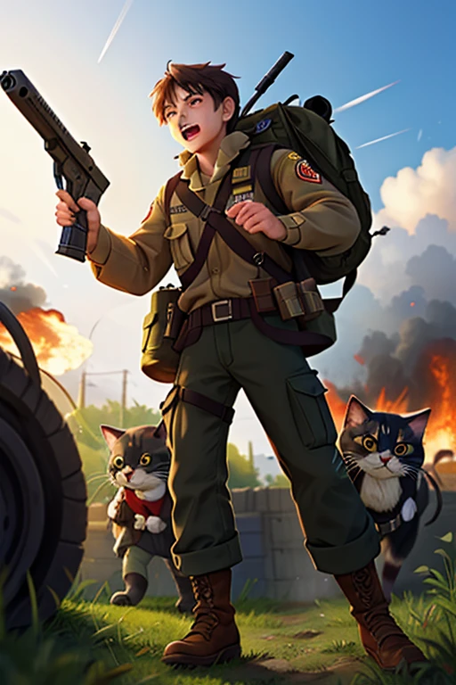 With explosions on the horizon, humanized cat soldiers are in a trench with guns on their shoulders. Tanks are coming from both sides, and generals are shouting orders.