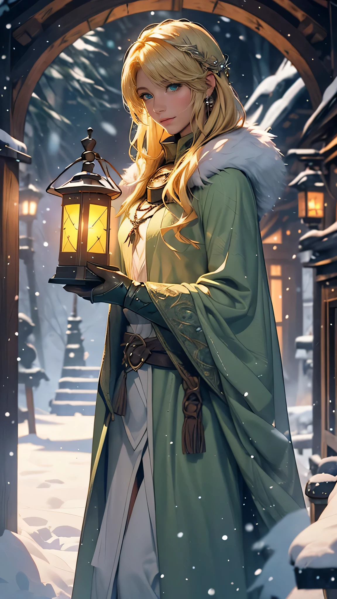 A medieval fantasy landscape enveloped in a snowstorm, and a solitary blonde beauty figure braving the blizzard, cloaked in fur, green color and carrying a lantern for guidance. The scene is captured in a square format, with a focus on dynamic lighting contrast between the warm glow of the lantern and the cool, moonlit snow