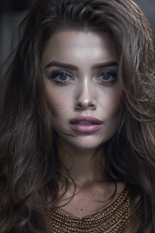 (((Surreal))) foto, Obra maestra, calidad superior, (pale skin), (super detailed face and eyes:1.3), 1 chica, adulto, Vistiendo una camiseta negra, Un collar cuelga del pecho., escote de collar, (maquillaje de ojo, black mascara) , ((grande, labios delicados)), ((pelo oscuro y rizado)), ((Chiolca)) , (pechos naturales), ((pose)), foto shooting, (luz lateral), (El juego de luces y sombras.), profundidad de campo, bokeh, (Special attention to leather details.: 1.2), textura de cuero detallada, poros de la piel. (dark atmosphere frame. Gama de colores - negro, Mandarina, rojo, melody), grano dlm), (rayos), ((glare)), ((retrato, close to the camera)) , super detailed,