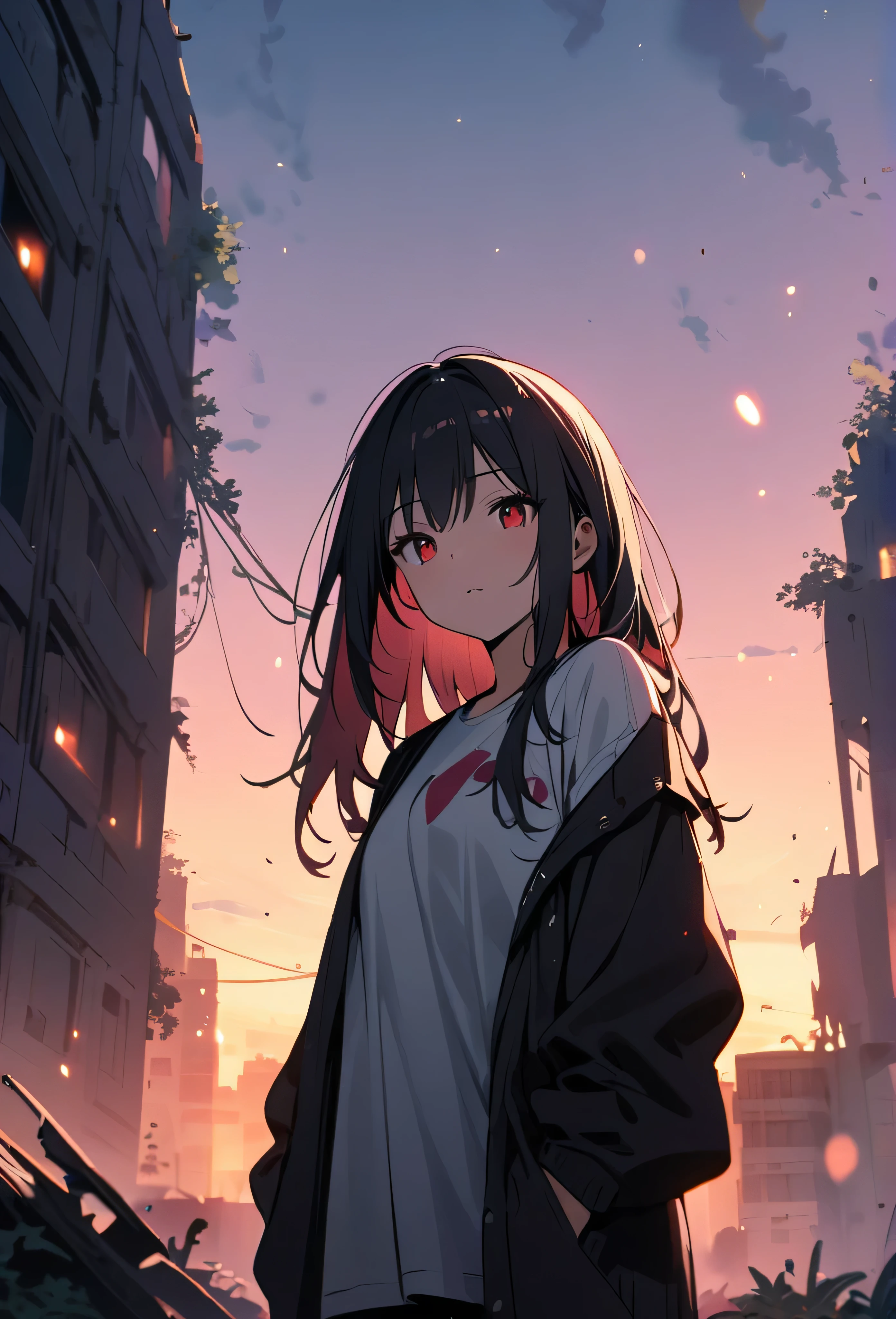 Resolution full, best quality, masterpiece, full HD, beautifull girl, foggy theme, super detailed, 1girl, cute girl, long hair, dark hair, detailed beautiful red eyes, white T - shirt oversized, holding glowing katana. from below, in ruins, overgrown. Day sky, gradient sky, sunset. bokeh. Depth of field.