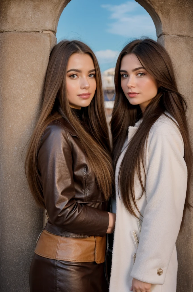Professional photograph, best quality, 8K, hyper detailed, half body, A close up portrait of two gorgeous, beautiful, wonderful women, argentinian and russian females together posing for the camera, both women have super long hair, argentinian girl has brown hair and russian girl has dark blonde hair, the both of them are wearing winter clothing, both girls are wearing leather coats. Both women are wonderful, dream, ethereal, timeless, majestic beauties from Argentina and Russia, they're glad, smiling and enjoying taking a picture. There are a argentinian and a russian flag at bottom