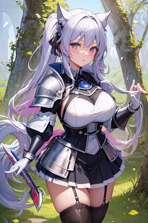 masterpiece, best quality, 1girl, light purple hair, long hair, twintails, bright purple eyes, cute, (black and silver knight armor, skirt, stockings:1.3), forest, (curvy, slim waist, bottomheavy, thick thighs, wide hips:1.1)