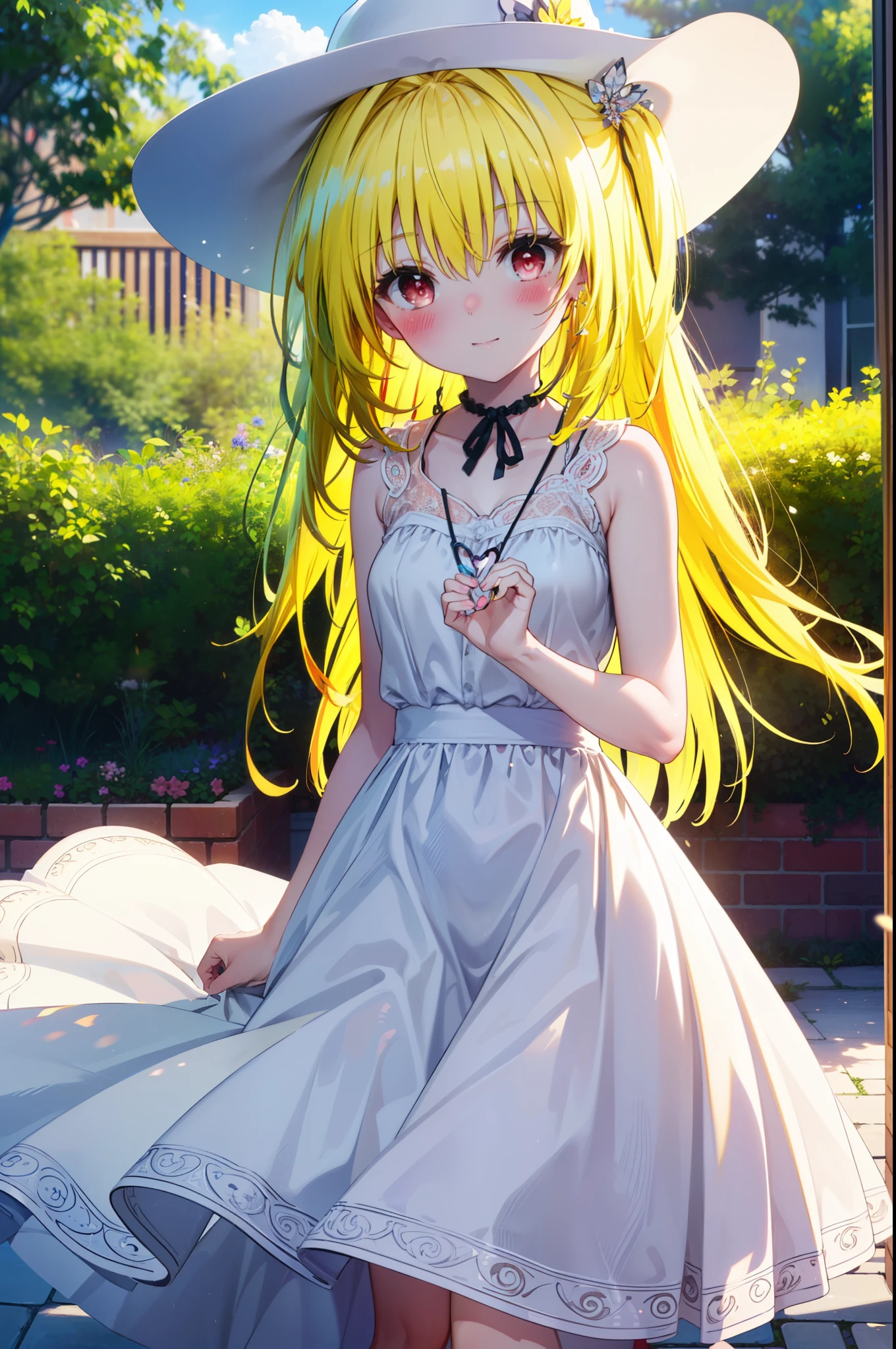 toloverumy, my, (yellow hair:1.5), Long Hair, (Red eyes:1.5), smile,blush, Embarrassing,Big white hat,Long skirt integrated sleeveless dress,Heart Necklace,Bare arms,Bare neck cute sandals,True Summer,Daytime,
break outdoors, garden,
break looking at viewer, (Cowboy Shot:1.5),
break (masterpiece:1.2), highest quality, High resolution, unity 8k wallpaper, (figure:0.8), (Beautiful fine details:1.6), Highly detailed face, Perfect lighting, Highly detailed CG, (Perfect hands, Perfect Anatomy),