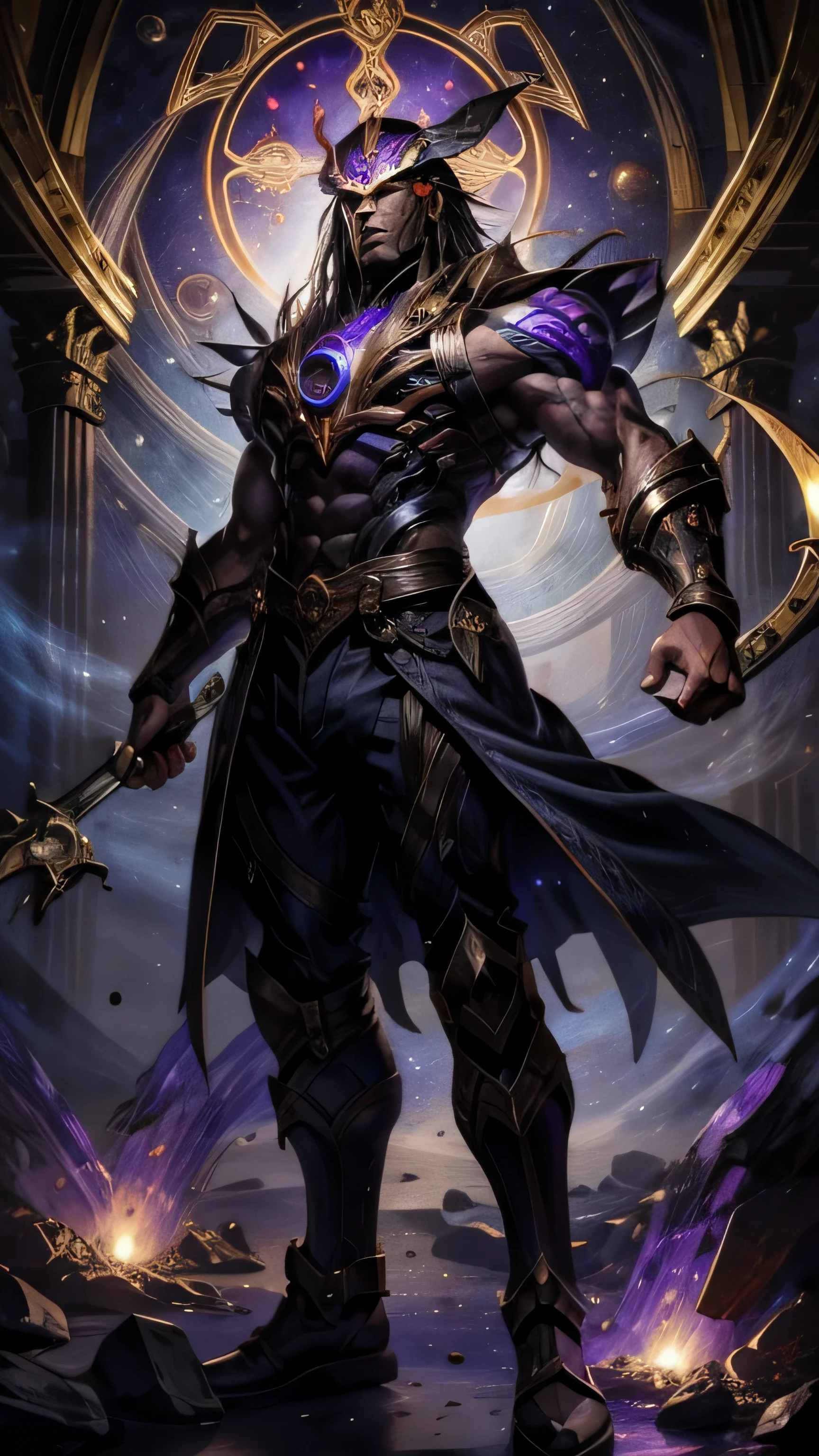 A calculating demon with multiple arms, each one meticulously arranging dark artifacts and scrolls in a shadowy library. Background of swirling shadows and intricate patterns, symbolizing the analytical and detail-oriented nature of Virgo.(masterpiece, best quality), intricate details, jewelry,male focus,long hair,purple skin,muscular, darkstar style, glowing, space, planet, star /(sky/), black hole,