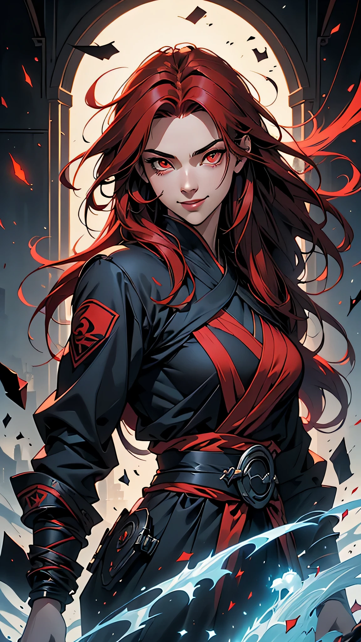 最high quality、Best image quality、masterpiece、girl((20-year-old、 By becoming、Best Bust、Medium Bust,Wide open breast tea、red glowing eyes, Black and red hair、Disheveled Hair、Long Hair、thin,The highest valley、Hero Suit、Open chest、White wristband、smile、hair ornaments、Angle from behind、Sports Cap、Many accessories、Ninja Soul)),high quality、Beautiful art、background((Dark world))、Flight、Flying debris、Written boundary depth、movie、Visual Arts、Perfect art、8K,Genuine、