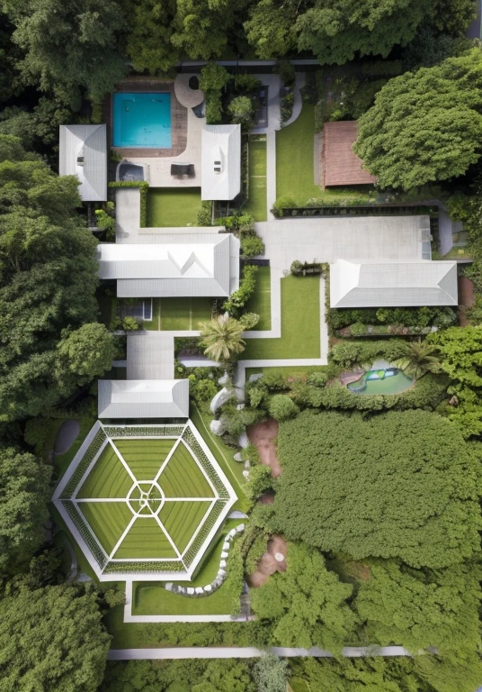 RAW photo, real, best quality, view from above looking down, green planning, overall project perspective, 60% green tree density, tropical architecture, winding walkway along the park, green park,
beautiful lake park, located around people's houses, scale, very very very high details, beautiful nightsky, real sky