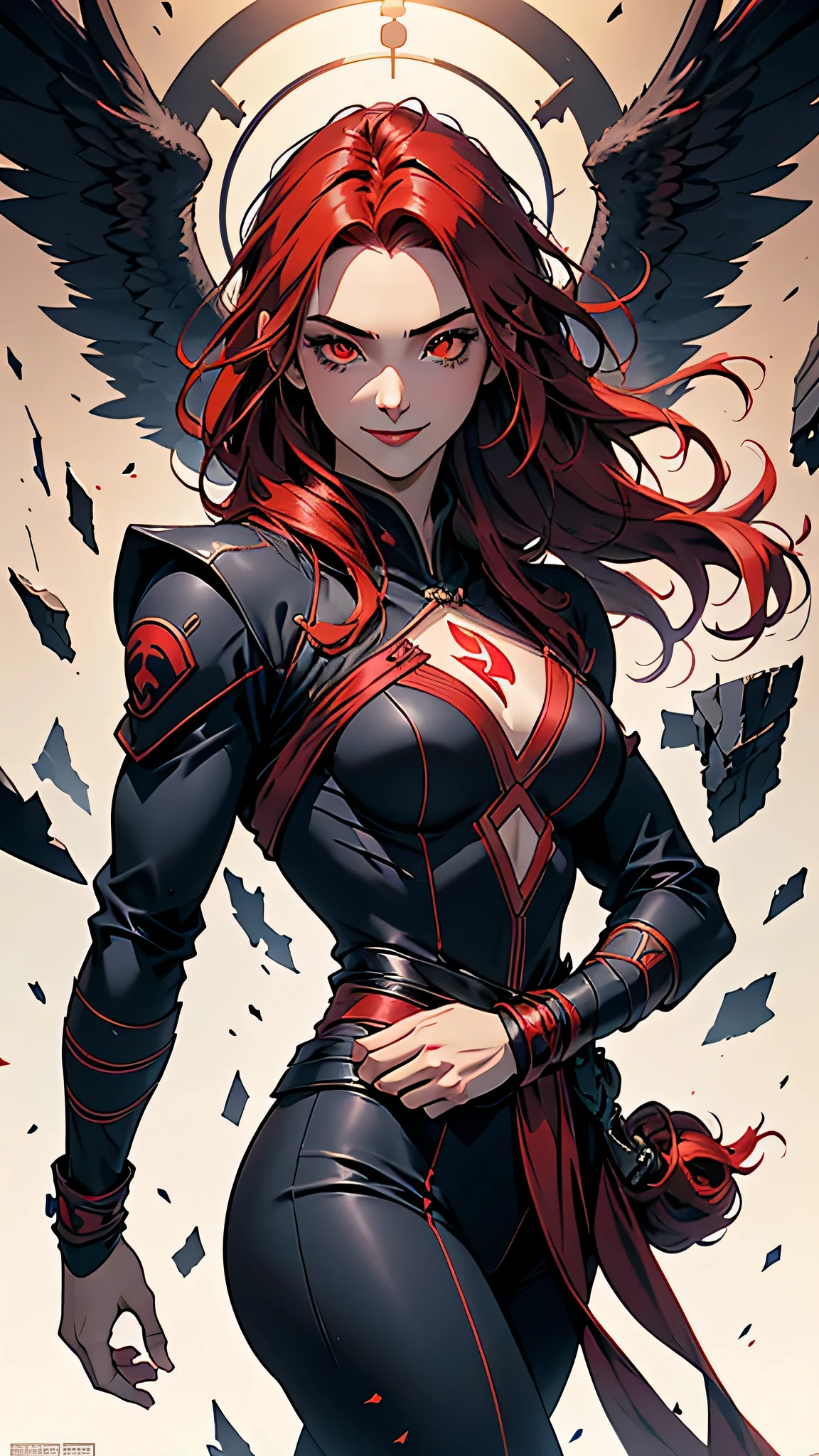 最high quality、Best image quality、masterpiece、girl((20-year-old、 By becoming、Best Bust、Medium Bust,Wide open breast tea、red glowing eyes, Black and red hair、Disheveled Hair、Long Hair、thin,The highest valley、Hero Suit、Open chest、White wristband、smile、hair ornaments、Angle from behind、Sports Cap、Many accessories、Ninja Soul)),high quality、Beautiful art、background((Dark world))、Flight、Flying debris、Written boundary depth、movie、Visual Arts、Perfect art、8K,Genuine、
