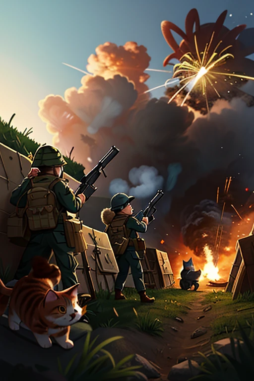 With explosions on the horizon, there are cat soldiers in a trench with guns on their shoulders. Tanks are coming on both sides, and generals are shouting orders