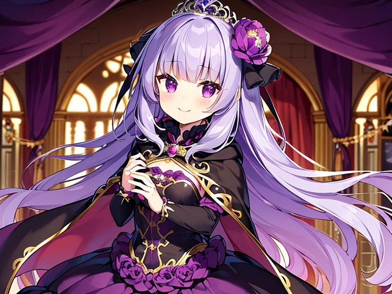 (kawaii),(best quality),(ultra detailed), upper body,(rococo style),(long train dark violet cape:1.15), very long cape,(long train dark violet ball gown with flower decorations), a girl is wearing a cape over her gown, 1 little princess, tiara, smile, small breasts, very long hair