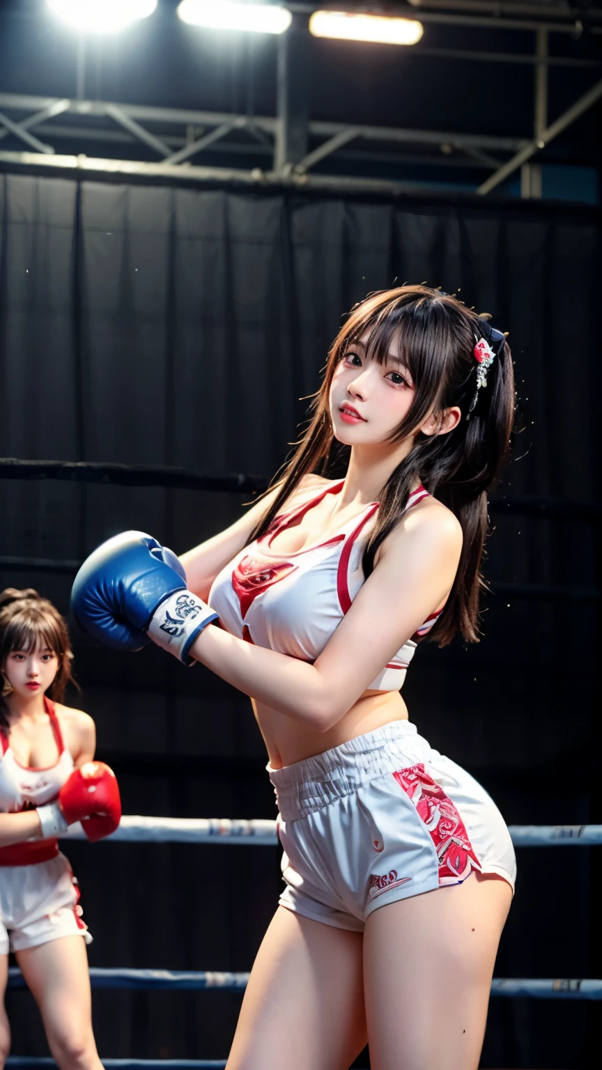 (Very delicate and beautiful:1.2)super model,,Big Breasts,Beautiful breasts,voluptuous,【bike shorts】,,【3 girls】,,highest quality, High resolution, 8K,, big breasts,, Vivid details, ,Idol Group,,【Girls doing boxing】,Combat readiness