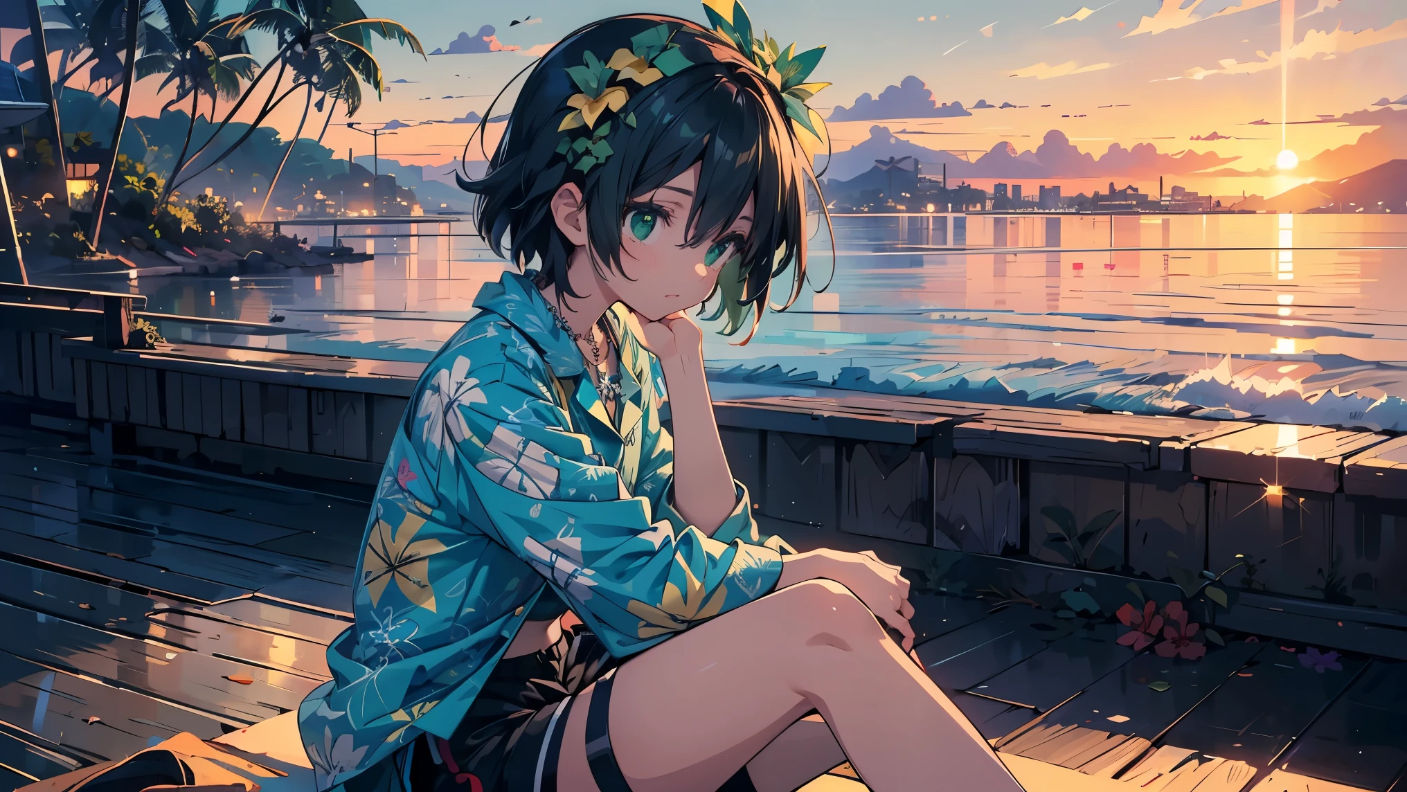 (masterpiece:1.2), (highest quality:1.2), Ultra-high resolution, Super detailed, Perfect Eyes, Perfect Face, Perfect lighting,((Anime girl sitting on Waikiki Beach)), ((looking away:1.4)), Surreal girl, (one person,Lolita,boyish, , 13 years old:1.3),Full Finger,, Androgynous charm, (Very short hair), Black Hair, Messy Hair, small and soft breasts,Slender body, Small Ass, Small green eyes,Detailed and beautiful eyes, Well-proportioned iris and pupil, Expressive eyes, Beautifully detailed lips, High resolution detailed hair, ((Light green aloha shirt:1.4)),((Black shorts:1.3)),(Wearing a single red hibiscus on her head),(Gorgeous Aloha shirt), (Fish hook necklace),Ultra-dense skin, ((Sunset)),coastline, Gweiz-style artwork, Makoto Shinkai's art style, lofi portrait, Digital anime art, Makoto Shinkai style, LOFI Girl, Anime-style illustrations, lofi art style, Anime illustration