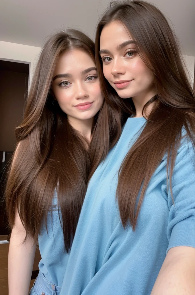 Professional photograph, best quality, 8K, hyper detailed, half body, A close up portrait of two gorgeous, beautiful, wonderful women, argentinian and russian females together posing for the camera, both women have super long hair, argentinian girl has brown hair and russian girl has dark blonde hair, the both of them are wearing winter clothing, both girls are wearing total denim outfit. Both women are wonderful, dream, ethereal, timeless, majestic beauties from Argentina and Russia, they're glad, smiling and enjoying taking a picture.