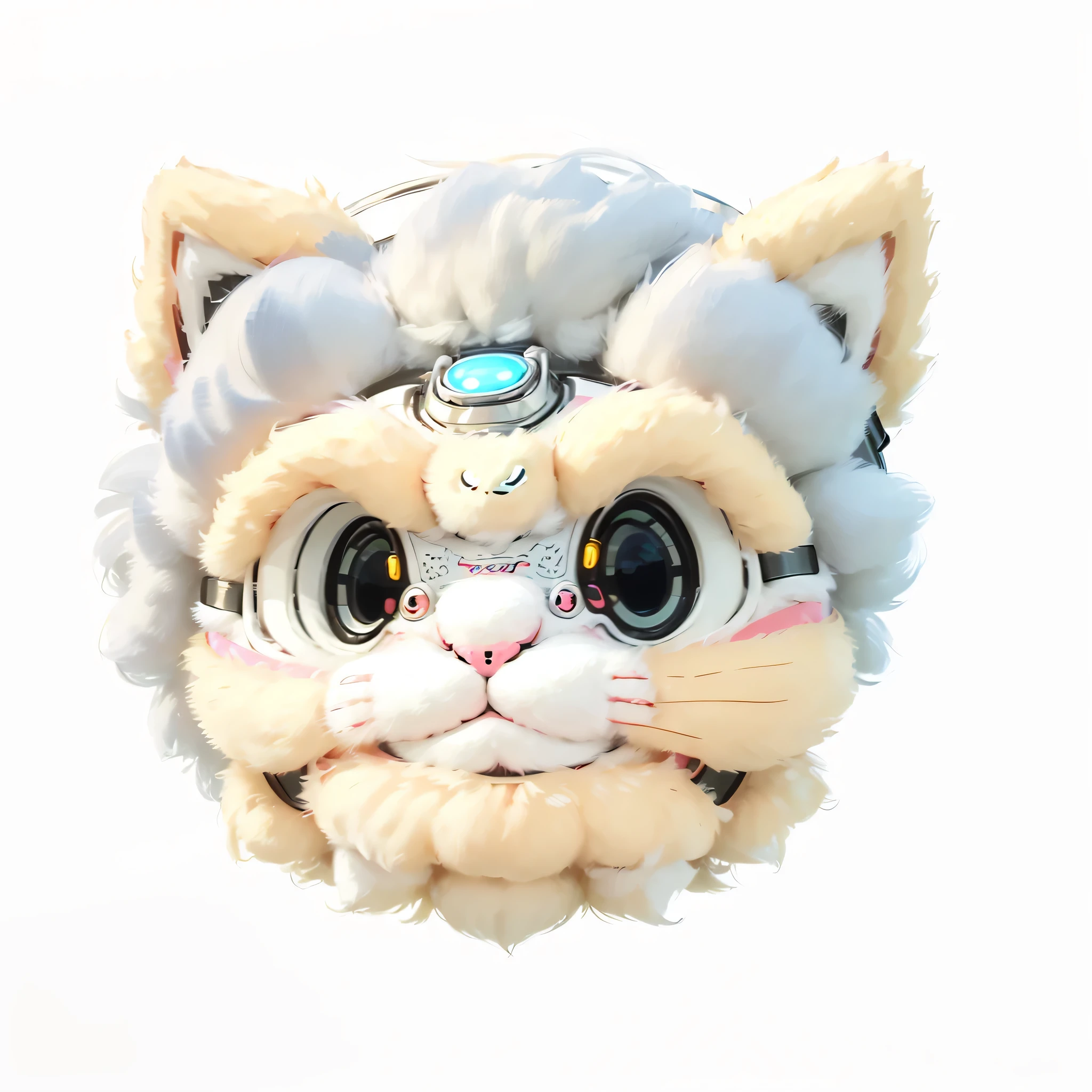A cartoon cat in a high-tech helmet on a white background, Smiling face,High-tech helmets and headphones,Kawaii cat, Cat head, Cat Face, Smiling cat,, cute cat, Cat design, Furry cat, very beautiful cute cat,Anime cat, Round and cute Smiling face, cute cat, Pay attention to this cat wearing a high-tech helmet and high-tech headphones. A futuristic cat with a futuristic sense of technology,Cat with a smiling expression on its face,Smiling cute cat