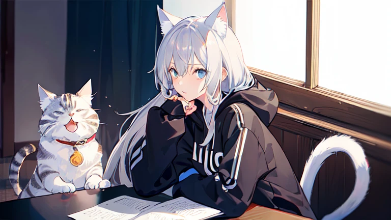 (masterpiece:1.2), best quality,PIXIV,girl,Shiroko white,Cat ears,black hoodie with blue stripes,long gray hair