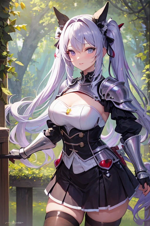 masterpiece, best quality, 1girl, light purple hair, long hair, twintails, bright purple eyes, cute, (black and silver knight armor, skirt, stockings:1.3), forest, (curvy, slim waist, thick thighs, wide hips:1.1)