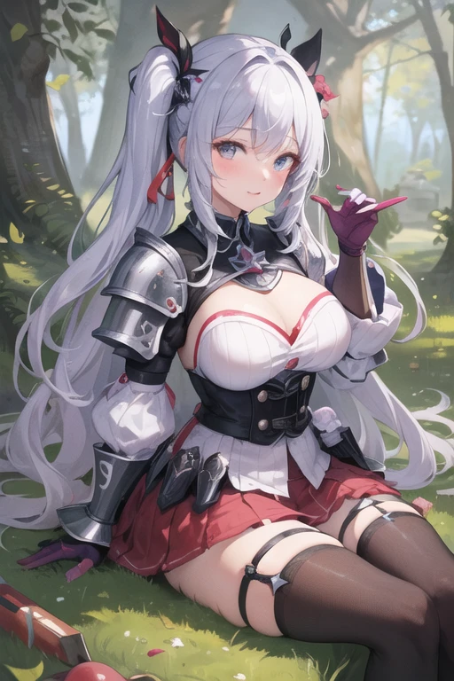 masterpiece, best quality, 1girl, light purple hair, long hair, twintails, bright purple eyes, cute, (black and silver knight armor, skirt, stockings:1.3), forest, (curvy, slim waist, thick thighs, wide hips:1.1)