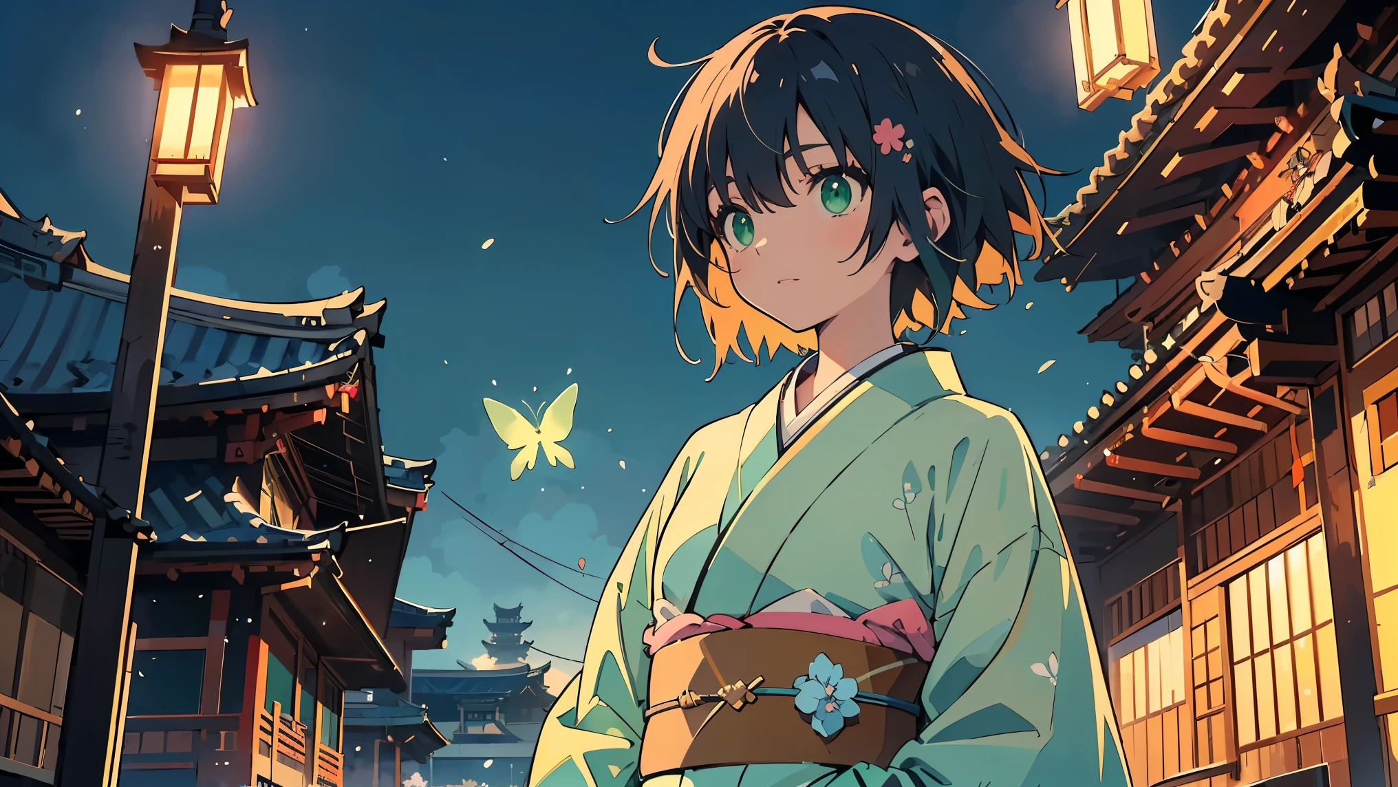 (masterpiece:1.2), (highest quality:1.2), Ultra-high resolution, Super detailed, Perfect Eyes, Perfect Face, Perfect lighting,((Anime girl at Kiyomizu-dera temple)), ((looking away:1.4)), Surreal girl, (one person,Lolita,boyish, , 13 years old:1.3),Full Finger,, Androgynous charm, (Very short hair), Black Hair, Messy Hair, small and soft breasts,Slender body, Small Ass, Small green eyes,Detailed and beautiful eyes, Well-proportioned iris and pupil, Expressive eyes, Beautifully detailed lips, High resolution detailed hair, ((light green kimono:1.4)),(Red butterfly embroidery),(Gorgeous kimono), Ultra-dense skin, ((noon)), Gweiz-style artwork, Makoto Shinkai's art style, lofi portrait, Digital anime art, Makoto Shinkai style, LOFI Girl, Anime-style illustrations, lofi art style, Anime illustration
