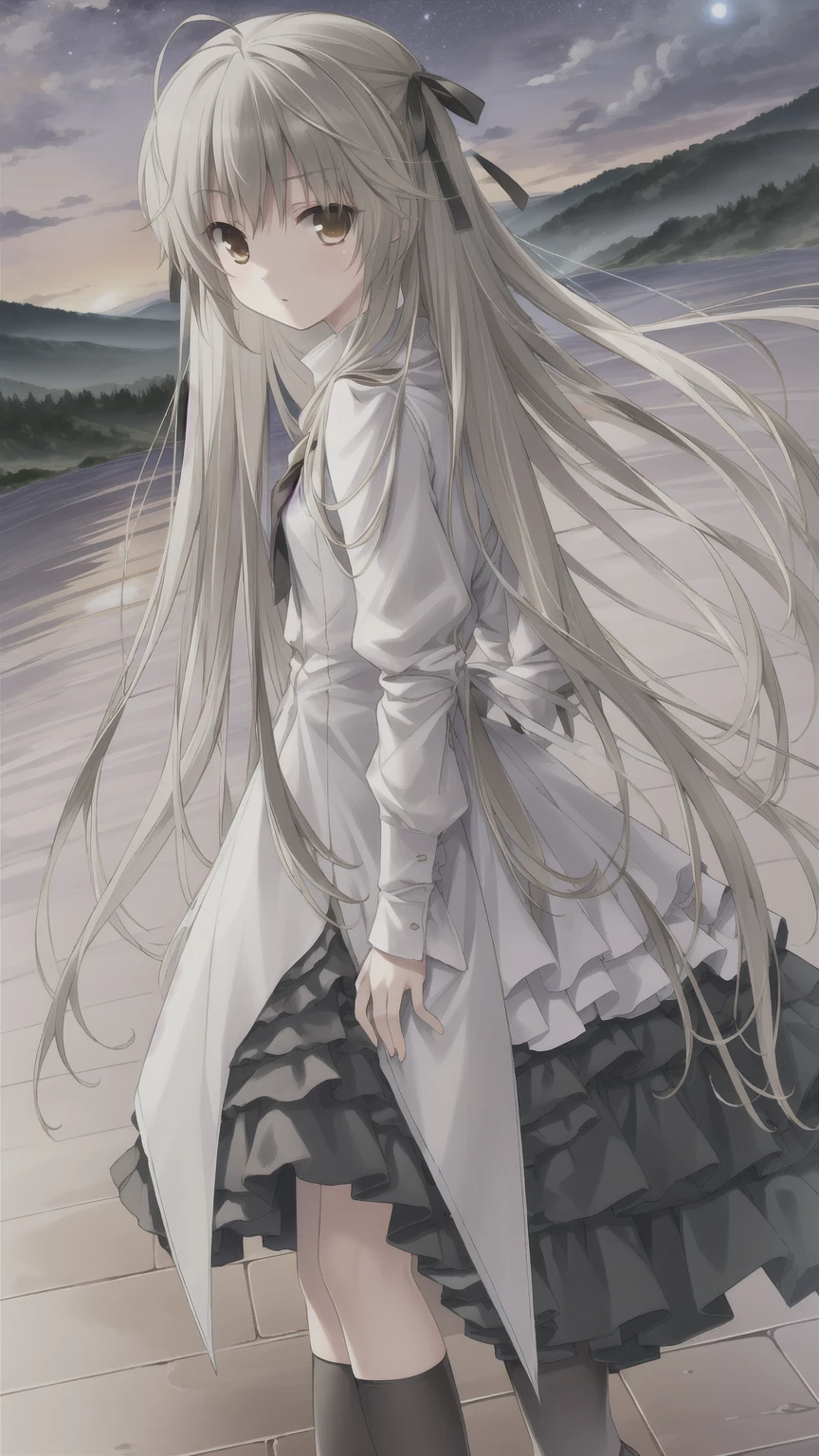 ((masterpiece:1.4, best quality)) ,Kasugano Sora,Naughty and energetic girl,Brown eyes,Happy,Long straight hair,Black knee-high socks Jane Shoes,summer,night,The galaxy is vast,Looking at the stars,black scarf,Black coat