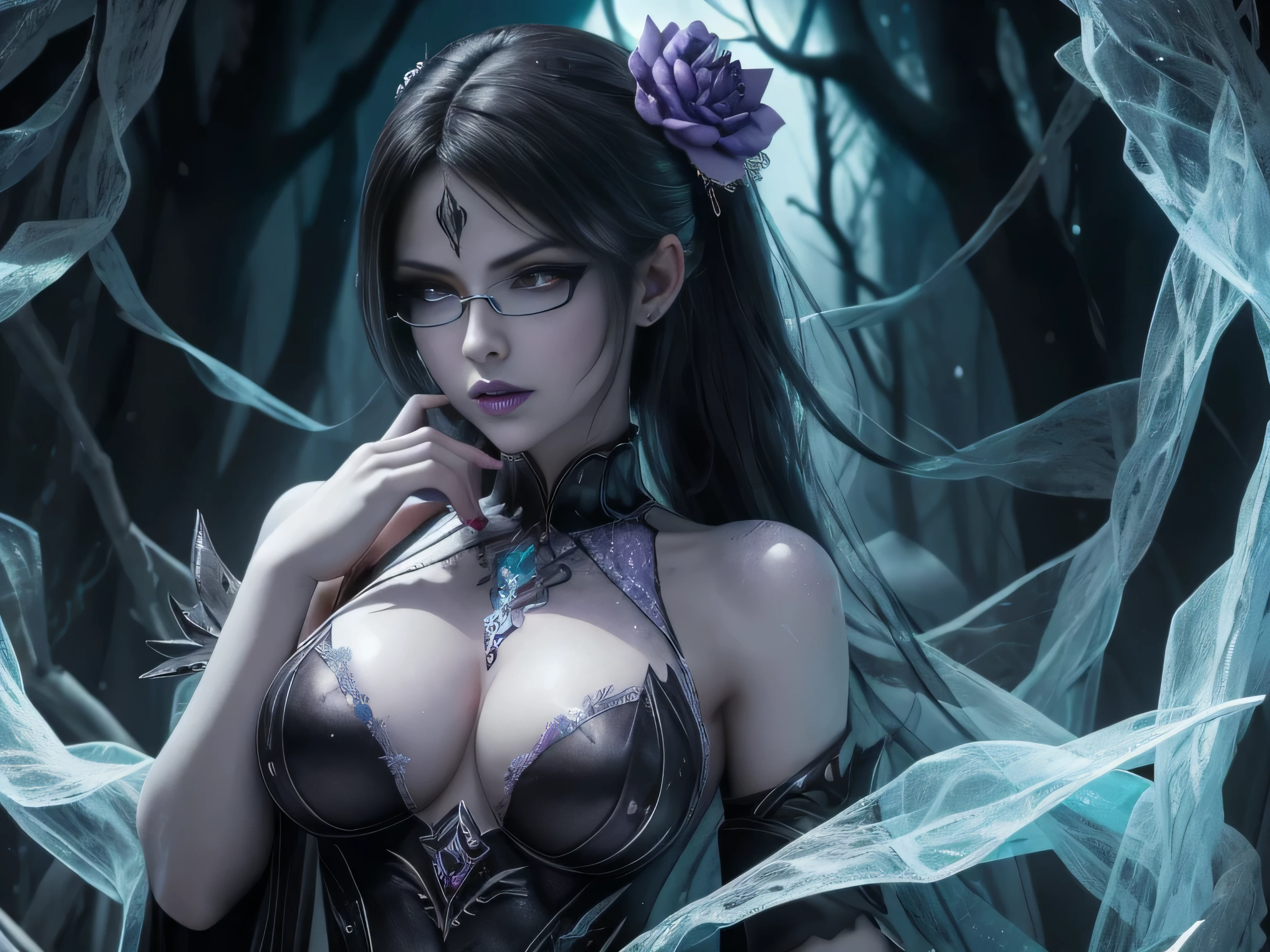 There is a full size figure of a beautiful zombie women with cute face black hair silver white eyes dark blue eye shadows and frost blue lips dressed in purple ghotic dres with glassial ice claws on her finges, women walk thrue the swamp eminates grave chilling frost aura ground froze where she steps , high quality beautiful face, detailed anime art, detailed anime walpaper , high quality illustration