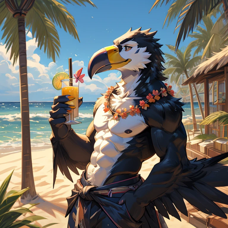 Solo female, toucan, avian, bird, curvy, black feathers, wing arms, blue bikini bottom, topless, flower lei, holding coconut drink, beach, Hawaiian, tropical, palm trees in background