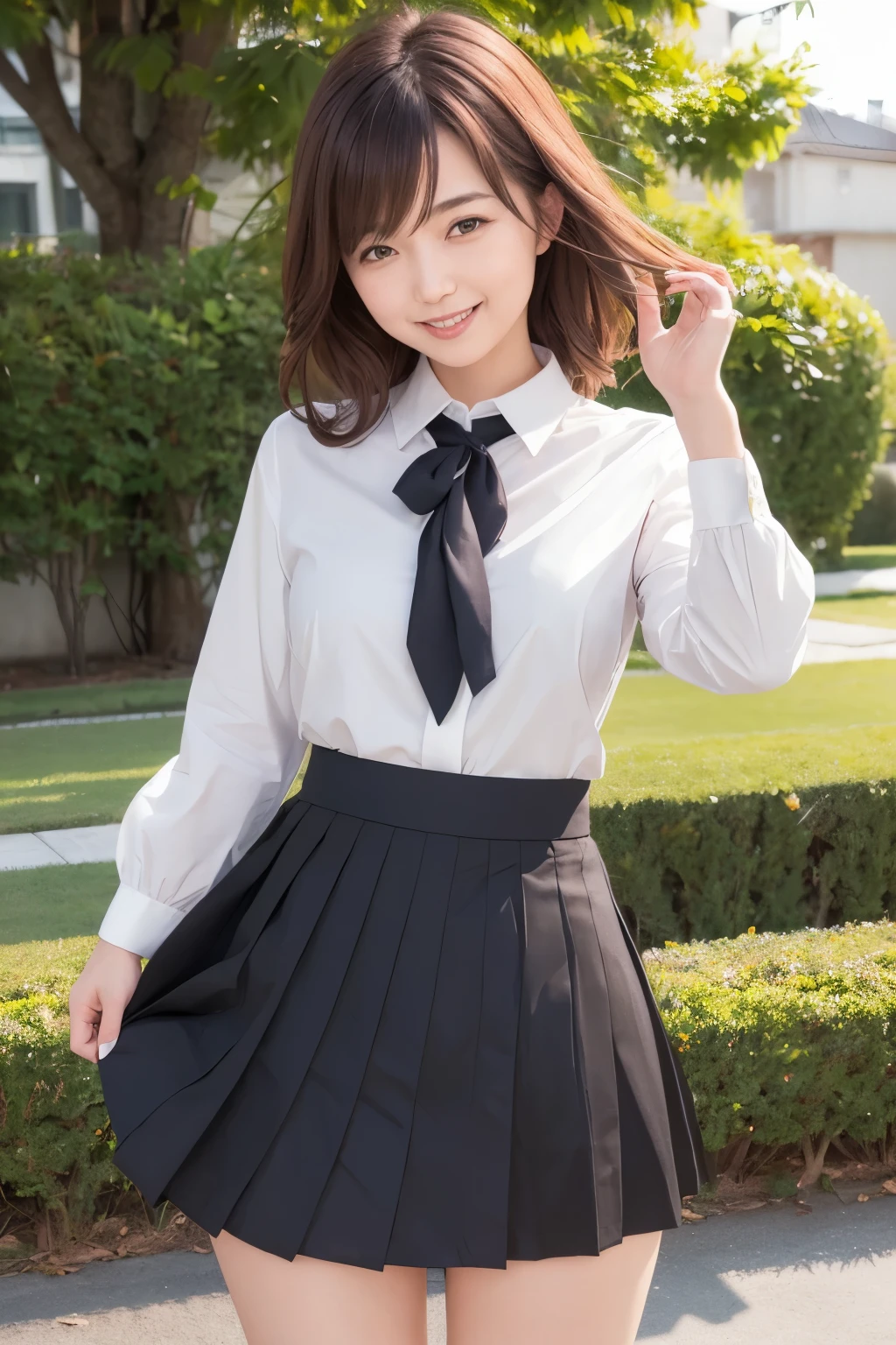 Girl and girl, ((uniform)), blouse, ((lifts skirt:1.3)), (wind flips up skirt and reveals panties:1.2), ((shows panties)), light smile, outdoors,