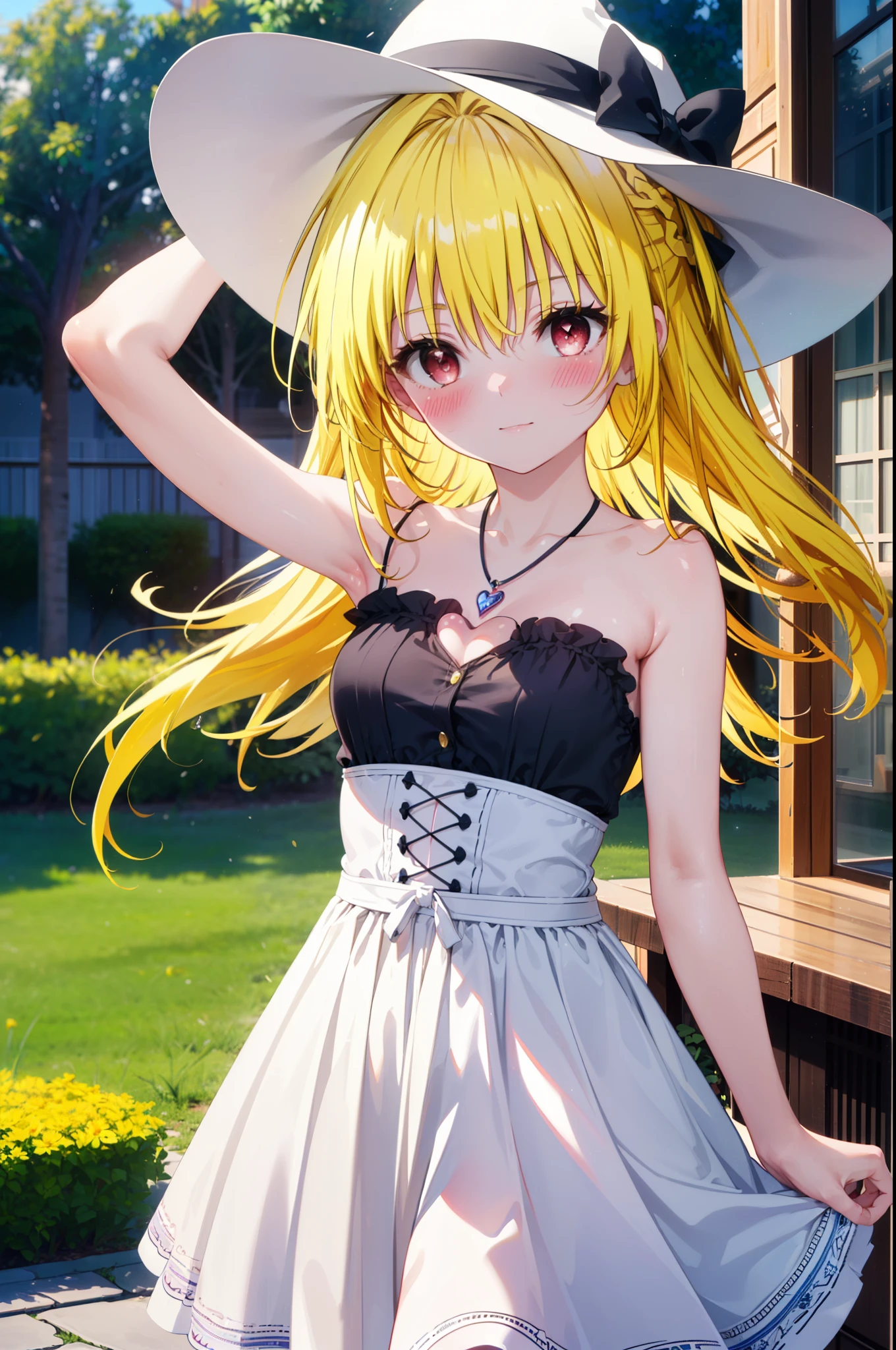 toloverumy, my, (yellow hair:1.5), Long Hair, (Red eyes:1.5), smile,blush, Embarrassing,Big white hat,Long skirt integrated sleeveless dress,Heart Necklace,Bare arms,Bare neck cute sandals,True Summer,Daytime,
break outdoors, garden,
break looking at viewer, (Cowboy Shot:1.5),
break (masterpiece:1.2), highest quality, High resolution, unity 8k wallpaper, (figure:0.8), (Beautiful fine details:1.6), Highly detailed face, Perfect lighting, Highly detailed CG, (Perfect hands, Perfect Anatomy),