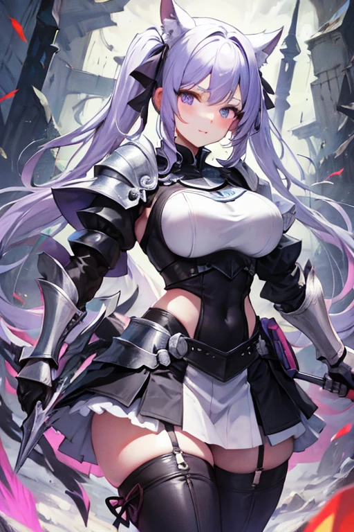 masterpiece, best quality, 1girl, light purple hair, long hair, twintails, bright purple eyes, cute, (black and silver knight armor, skirt, stockings:1.3), forest, (curvy, slim waist, bottomheavy, thick thighs, wide hips:1.1)