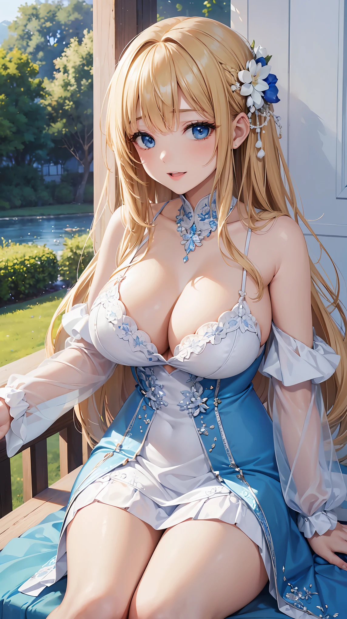 ((highest quality、High resolution))、Portrait、A beautiful woman、Perfect body、beautiful ample breasts、Long blonde、bangs、Blue and white、Embellished blue sexy dress、skirt、a sexually excited look、I'm inviting you to have sex、Outdoor Scenery