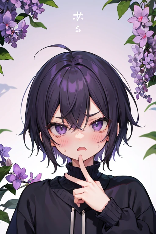 1boy yelling, short lilac-black hair with a longer lock, lilac eyes, sweatshirt dress, blush face and angry expression
