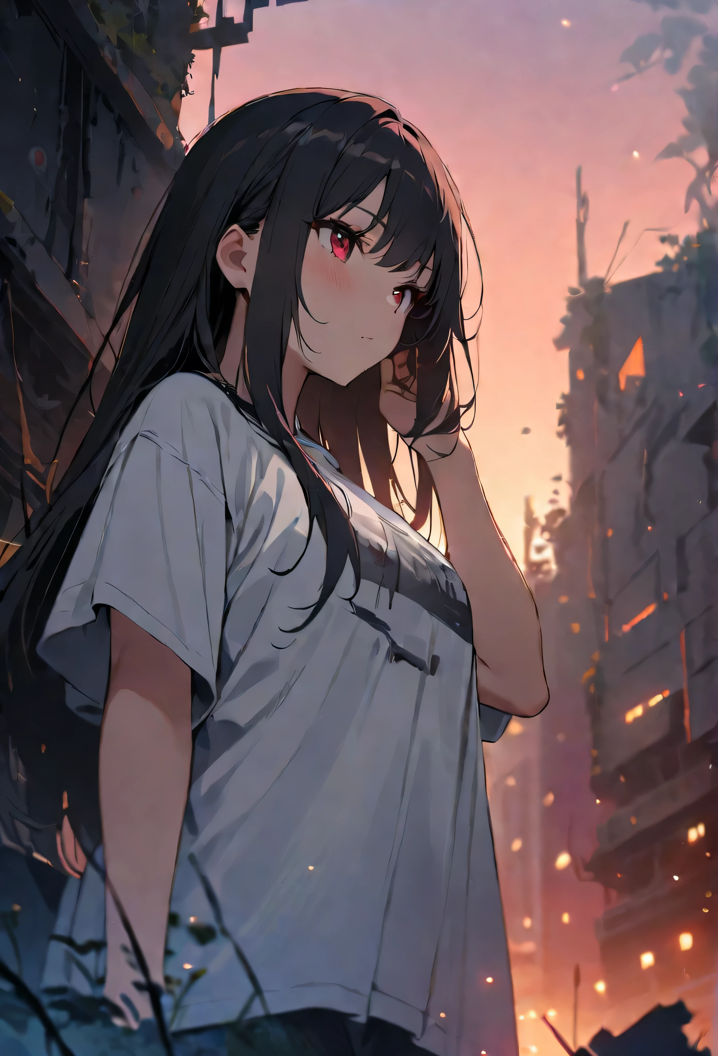 Resolution full, best quality, masterpiece, full HD, beautifull girl, foggy theme, super detailed, 1girl, cute girl, long hair, white light hair, blue inner hair, detailed beautiful aqua eyes. Open mouth. Dirty shirt. Dirty and bound face. white T - shirt oversized, holding glowing katana. from below, in ruins, overgrown. Day sky, gradient sky, sunset. bokeh. Depth of field.