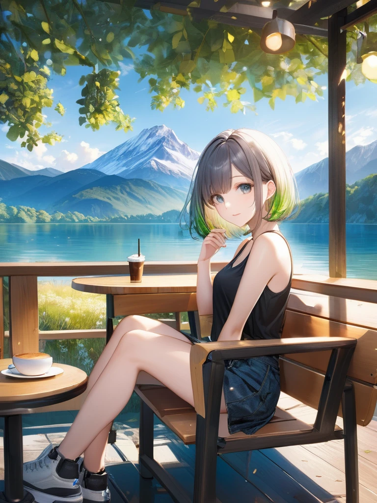 (looking-away:1.9),(masterpiece:1.2), (best quality),(ultra detailed),(extremely detailed),(absolutely resolution) ,absurdres,8k, 1girl-drinking-hot-coffee-in-cafeteria-outdoor,sitting-on-the-woody-chair, cake, beautiful-landscape-background, mountain, shinny-lake, flowers, 
BREAK,  ultra detailed eyes, bobcut, (gradation hair:1.3), tanktops, skirt,