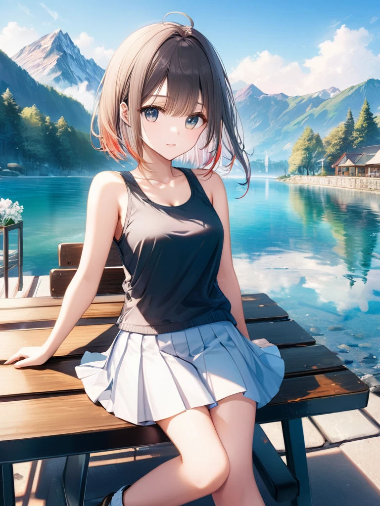 (looking-away:1.9),(masterpiece:1.2), (best quality),(ultra detailed),(extremely detailed),(absolutely resolution) ,absurdres,8k, 1girl-drinking-hot-coffee-in-cafeteria-outdoor,sitting-on-the-woody-chair, cake, beautiful-landscape-background, mountain, shinny-lake, flowers,
BREAK, ultra detailed eyes, bobcut, (gradation hair:1.3), tanktops, skirt,