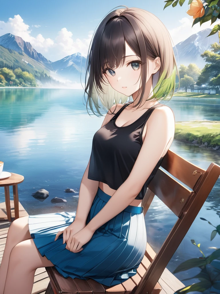 (looking-away:1.9),(masterpiece:1.2), (best quality),(ultra detailed),(extremely detailed),(absolutely resolution) ,absurdres,8k, 1girl-drinking-hot-coffee-in-cafeteria-outdoor,sitting-on-the-woody-chair, cake, beautiful-landscape-background, mountain, shinny-lake, flowers,
BREAK, ultra detailed eyes, bobcut, (gradation hair:1.3), tanktops, skirt,