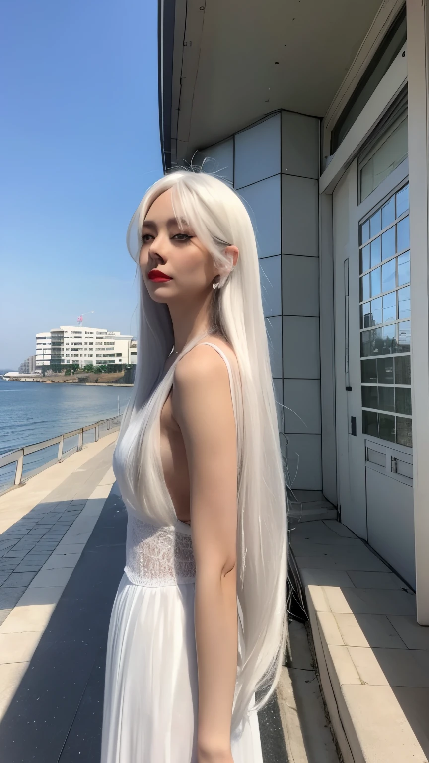 A woman in her fifties with grey hair and a white wig is posing for a photo, Korean Girls, of long white hair, Her hair is white, White long hair, beautiful south Korean women, sakimichan, Korean women, Perfect white hair girl, Eva Max, 8k)), 18-year-old, Profile photo, # oc, #oc