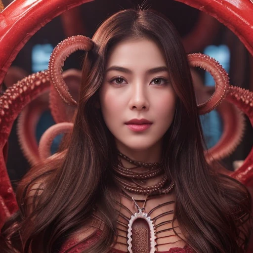((highest quality)), ((masterpiece)), (detailed), Beautiful face、woman、43 years old、Supermodel body type、Fantasy、((Imprisoned in the Devil's Den))、(Suspended by evil tentacles)
