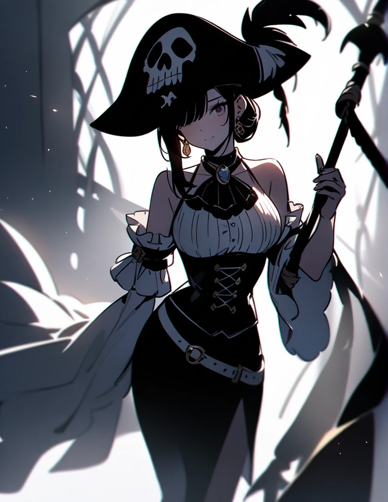 (high quality, 8K, 4k, high contrast, masterpiece:1.2, high quality, best aesthetics), 1girl with pirate clothes,earings,medium breast