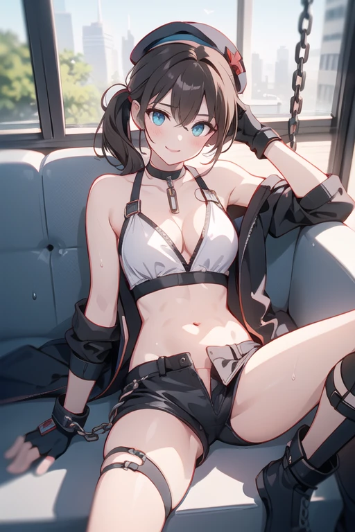 (higher resolution, distinct_image) The best quality, a woman, masterpiece, highly detailed, semi realistic, 26 years old, beautiful, young, handsome, interlaced white blue dress, small gem necklace on neck, exterior, cafe seat, window, sitting, afternoon, blush, smiling,ubel,dark green hair,long hair,side ponytail,hair between eyes,bangs, BREAK (beret, black jacket, open clothes, cleavage, midriff, black shorts, black thighhighs, thigh strap, fingerless gloves, single glove:1.2), Photo,sharpness, F1.6 lens,hyper-realistic textures,spectacular light textures, Cinestil 800 Fashion Mechanics,(((Beautiful woman with left leg restrained and hung by chains))),Appearance,Beautiful girl with accentuated slender abs: 1.1,six-pack abs: 1.1, Bust Botox,Standing on tiptoe, long legs,Long brown hair fluttering in the wind,Brown hair, Long hair, Female Warrior Costume,(No panties,No bra),(tacticul battle fashion,elbow and knee cyberpad, cyberglove: 1.1),((beautiful costume)),The belly comes out and the navel is visible,Thin sheer costume, combat gloves,shredded costumes,cyber long combat boots with golden knee pads,Anatomical,(futuristic sci-fi battle fashion, new elbow and knee cyberpads, new cyberlong boots, new cybergloves: 1.1),((straddling the gundom shields and battle rifel)),(tied perfectly by iron chain), Restraint, Slave, collars, contempt, (Chained), 4 chains hung from heaven, Metallic shackles and fetters, wet crotch clearly visible,((Hands are restrained above the head)), the neck is chained,Chain from left knee to heaven,Chained by rusty iron chains,((the tip is protruding, areolas protruding,The shape of the pubic area is clearly visible)),Sweating,Wet,Wet crotch,Wet thighs,bloods,Junkyard, Realistic, (cute, perfect clothes, skimpy clothes, cute: 1.3) ,Vast prison,((wide hospital with sunlight)), peeling ceilings, Rebar between, Realistic material details, Extreme details, Ultra-realistic materials,narrow waist,(with sparkling eyes and a contagious smile),looking