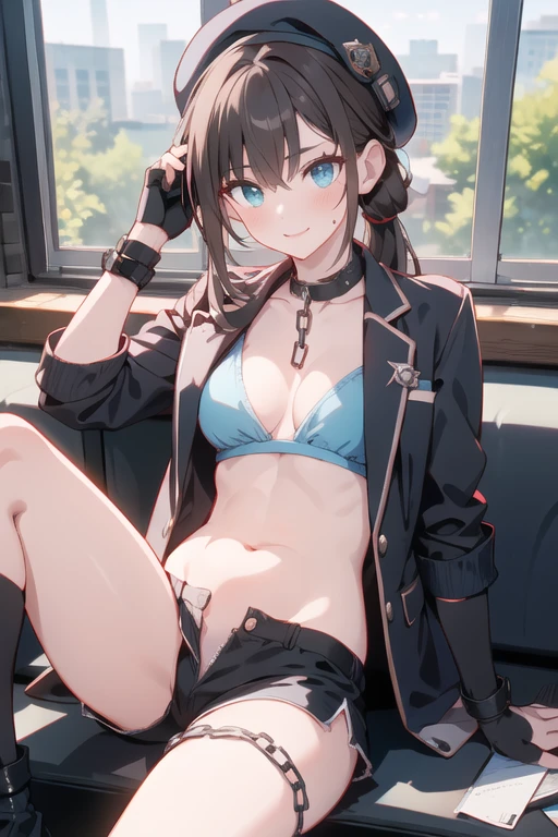(higher resolution, distinct_image) The best quality, a woman, masterpiece, highly detailed, semi realistic, 26 years old, beautiful, young, handsome, interlaced white blue dress, small gem necklace on neck, exterior, cafe seat, window, sitting, afternoon, blush, smiling,ubel,dark green hair,long hair,side ponytail,hair between eyes,bangs, BREAK (beret, black jacket, open clothes, cleavage, midriff, black shorts, black thighhighs, thigh strap, fingerless gloves, single glove:1.2), Photo,sharpness, F1.6 lens,hyper-realistic textures,spectacular light textures, Cinestil 800 Fashion Mechanics,(((Beautiful woman with left leg restrained and hung by chains))),Appearance,Beautiful girl with accentuated slender abs: 1.1,six-pack abs: 1.1, Bust Botox,Standing on tiptoe, long legs,Long brown hair fluttering in the wind,Brown hair, Long hair, Female Warrior Costume,(No panties,No bra),(tacticul battle fashion,elbow and knee cyberpad, cyberglove: 1.1),((beautiful costume)),The belly comes out and the navel is visible,Thin sheer costume, combat gloves,shredded costumes,cyber long combat boots with golden knee pads,Anatomical,(futuristic sci-fi battle fashion, new elbow and knee cyberpads, new cyberlong boots, new cybergloves: 1.1),((straddling the gundom shields and battle rifel)),(tied perfectly by iron chain), Restraint, Slave, collars, contempt, (Chained), 4 chains hung from heaven, Metallic shackles and fetters, wet crotch clearly visible,((Hands are restrained above the head)), the neck is chained,Chain from left knee to heaven,Chained by rusty iron chains,((the tip is protruding, areolas protruding,The shape of the pubic area is clearly visible)),Sweating,Wet,Wet crotch,Wet thighs,bloods,Junkyard, Realistic, (cute, perfect clothes, skimpy clothes, cute: 1.3) ,Vast prison,((wide hospital with sunlight)), peeling ceilings, Rebar between, Realistic material details, Extreme details, Ultra-realistic materials,narrow waist,(with sparkling eyes and a contagious smile),looking