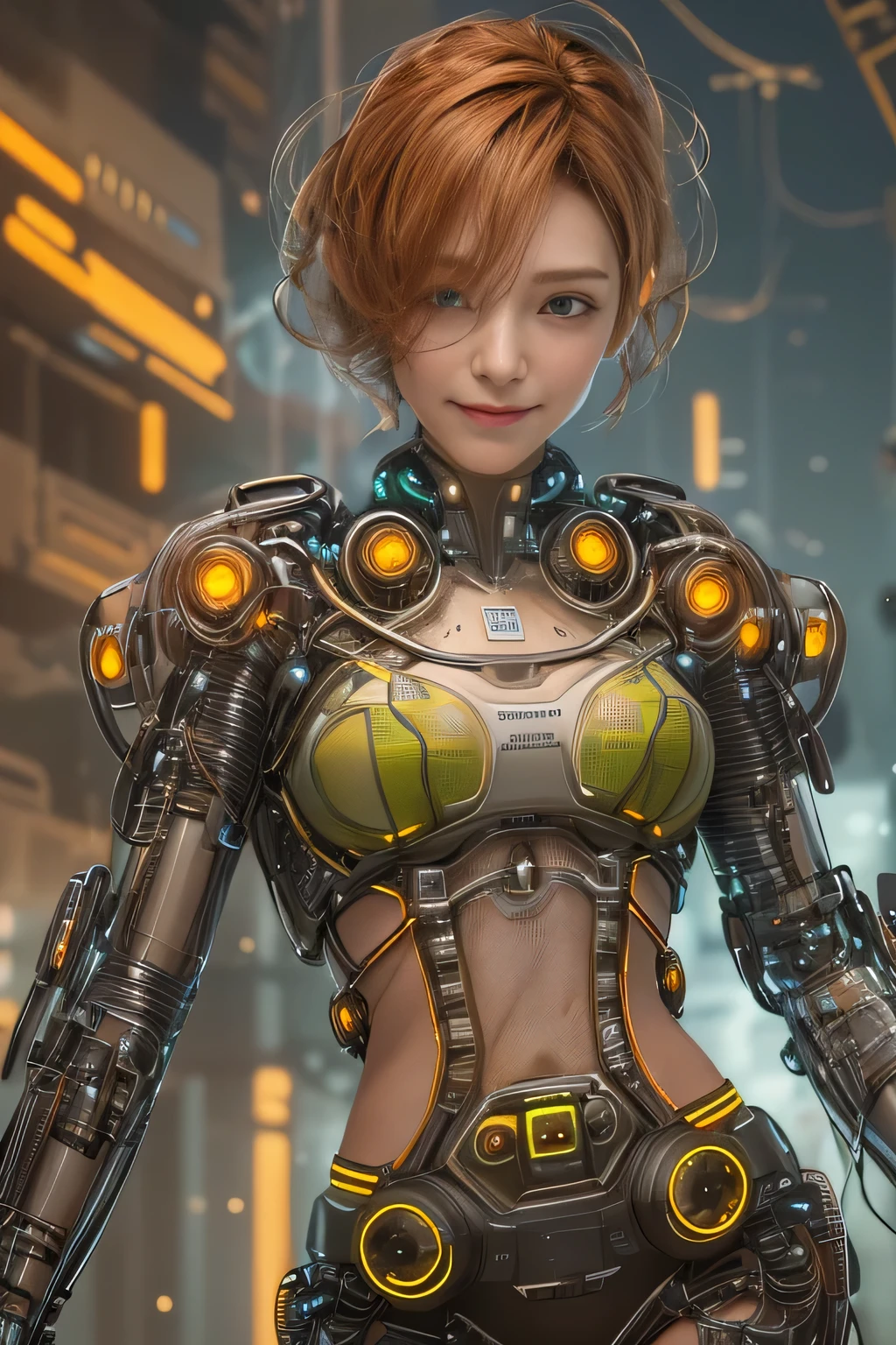 Glowing cyber girl with cybernetic arm,(See-through costume:1.3, )Stand on the post-apocalyptic battlefield.Surrounded by a network of wires. surrounded by circuits. (Cyber girl with a submachine gun:1.3), Shiny light brown and orange striped short hair,Cute Smile,Perfect round face,A bright smile that makes everyone happy,Proper body balance,Tabletop,Ultra-high quality output images,High resolution,Intricate details,Very delicate and beautiful hair,Photo realistic,dream-like,Professional Lighting,Realistic Shadows,Focus Only,Beautiful Hands,Beautiful fingers,Detailed characteristics of the fingers,Detailed garment features,Detailed hair features,Detailed facial features,