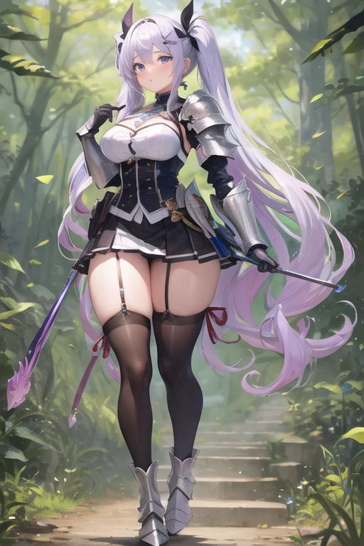 masterpiece, best quality, 1girl, light purple hair, long hair, twintails, bright purple eyes, cute, (black and silver knight armor, skirt, stockings:1.3), forest, (curvy, slim waist, bottomheavy, gigantic ass, thick thighs, wide hips:1.1)