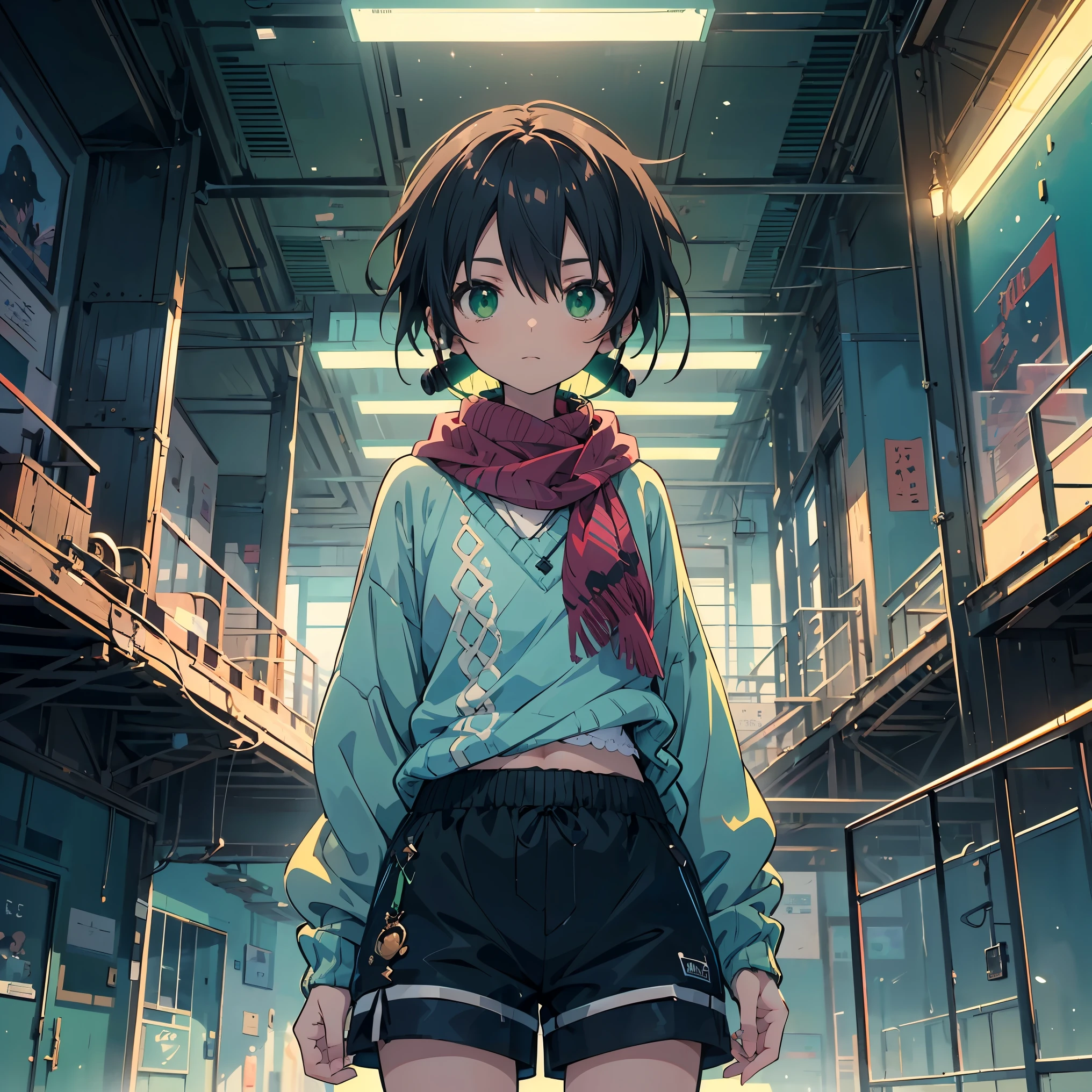 (masterpiece:1.2), (highest quality:1.2), Ultra-high resolution, Super detailed, Character Sheet, Perfect Eyes, Perfect Face, Perfect lighting,((Anime girl standing with headphones)), front、whole body, Surreal girl, (one person,Lolita,boyish, , :1.3),Full Finger,, Androgynous charm, (Very short hair), Black Hair, Messy Hair, small and soft breasts,Slender body, Small Ass, Small green eyes,Detailed and beautiful eyes, Well-proportioned iris and pupil, Expressive eyes, Beautifully detailed lips, High resolution detailed hair, ((light green sweater:1.4)),((Black shorts:1.3)),((Red scarf)),Ultra-dense skin, (Warm lighting), Gweiz-style artwork, Makoto Shinkai's art style, lofi portrait, Digital anime art, Makoto Shinkai style, LOFI Girl, Anime-style illustrations, lofi art style, Anime illustration