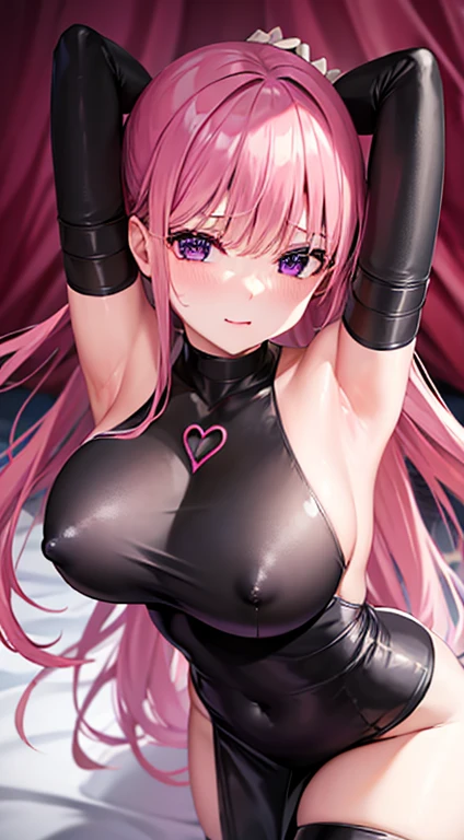 very, very big breasts、Nipples、Sexy pose、Sexy Face、evilの女幹部、evil役、risque clothes、Long gloves、Pink Hair、Eroticいお姉さん、evil、Hypnosis、brainwashing、Erotic、brainwashingされて目が紫色になる、Hearts in the eyes、Long Hair、Taunt、Eroticい顔、Enemy sister、lure、黒とピンクを基調としたrisque clothes、Purple eyes、R18 prohibited、Mole、Breast milk squirting