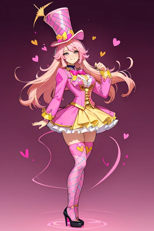 female, sunset pink long hair with yellow highlights, blue eyes, (((1girl))), (((pink ringmaster attire with dark pink hearts))), (yellow ribbon), (pink pencil skirt), (dark pink stockings), (pink heels), (pink top hat with dark pink heart and yellow feather), cute and sexy, large breasts, large butt, full body, long legs, smiling