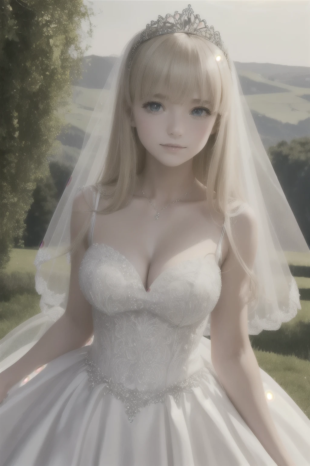 A girl,16 year old,wedding dress,european countryside,blonde,bangs bangs,pretty face,thick and muscular upper arms,tiara