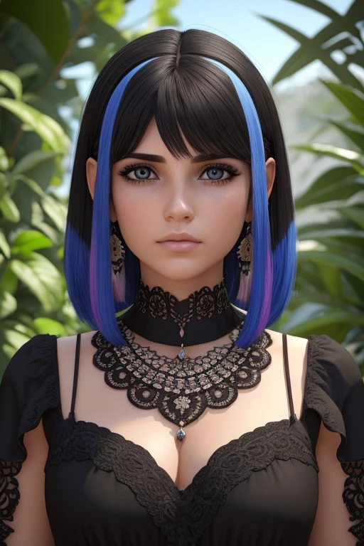 Obra maestra, mejor calidad,trabajo de renderizado 3d ,estilo 3DMM,de cerca,retrato, 3D,1 chica, solo, pelo multicolor, pelo azul, pelo negro, collar, pecas, joyas, pelo de dos tonos, mirando hacia el lado, realista, parte superior del cuerpo, fondo sencillo, golpes, mirando hacia otro lado, cabello corto, parted labios, ojos negros, labios, Gothic, gargantilla, constituir, mole, black camisa, camisa, filigrana