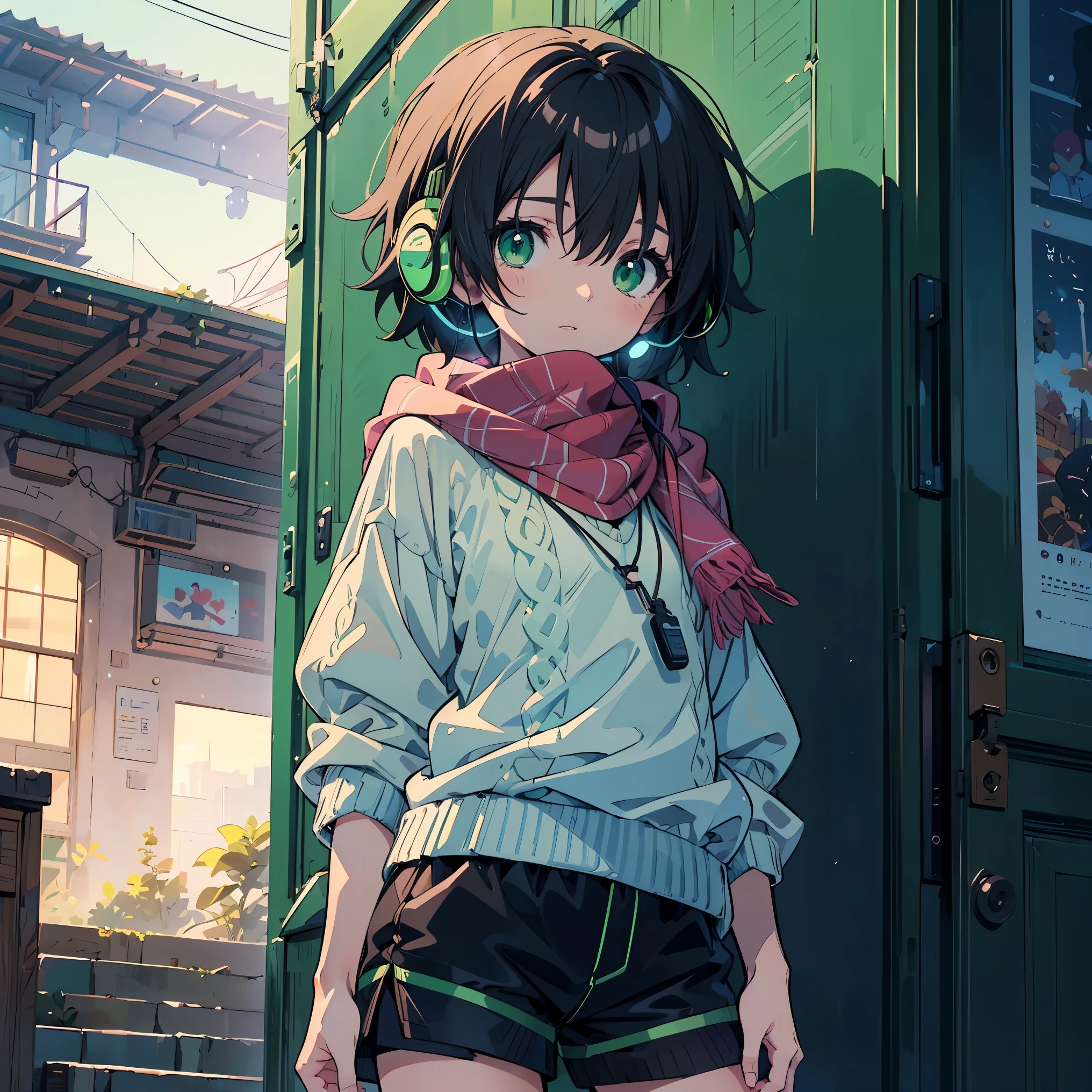 (masterpiece:1.2), (highest quality:1.2), Ultra-high resolution, Super detailed, Character Sheet, Perfect Eyes, Perfect Face, Perfect lighting,((Anime girl standing with headphones)), front、whole body, Surreal girl, (one person,Lolita,boyish, , :1.3),Full Finger,, Androgynous charm, (Very short hair), Black Hair, Messy Hair, small and soft breasts,Slender body, Small Ass, Small green eyes,Detailed and beautiful eyes, Well-proportioned iris and pupil, Expressive eyes, Beautifully detailed lips, High resolution detailed hair, ((light green sweater:1.4)),((Black shorts:1.3)),((Red scarf)),Ultra-dense skin, (Warm lighting), Gweiz-style artwork, Makoto Shinkai's art style, lofi portrait, Digital anime art, Makoto Shinkai style, LOFI Girl, Anime-style illustrations, lofi art style, Anime illustration