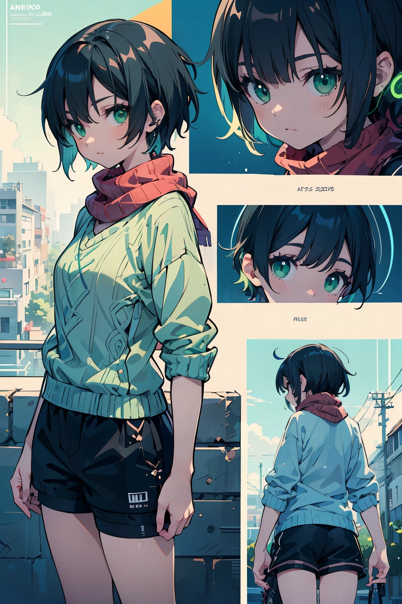 (masterpiece:1.2), (highest quality:1.2), Ultra-high resolution, Super detailed, Character Sheet, Perfect Eyes, Perfect Face, Perfect lighting,((Anime girl standing with headphones)), front、whole body, Surreal girl, (one person,Lolita,boyish, , 13 years old:1.3),Full Finger,, Androgynous charm, (Very short hair), Black Hair, Messy Hair, small and soft breasts,Slender body, Small Ass, Small green eyes,Detailed and beautiful eyes, Well-proportioned iris and pupil, Expressive eyes, Beautifully detailed lips, High resolution detailed hair, ((light green sweater:1.4)),((Black shorts:1.3)),((Red scarf)),Ultra-dense skin, (Warm lighting), Gweiz-style artwork, Makoto Shinkai's art style, lofi portrait, Digital anime art, Makoto Shinkai style, LOFI Girl, Anime-style illustrations, lofi art style, Anime illustration
