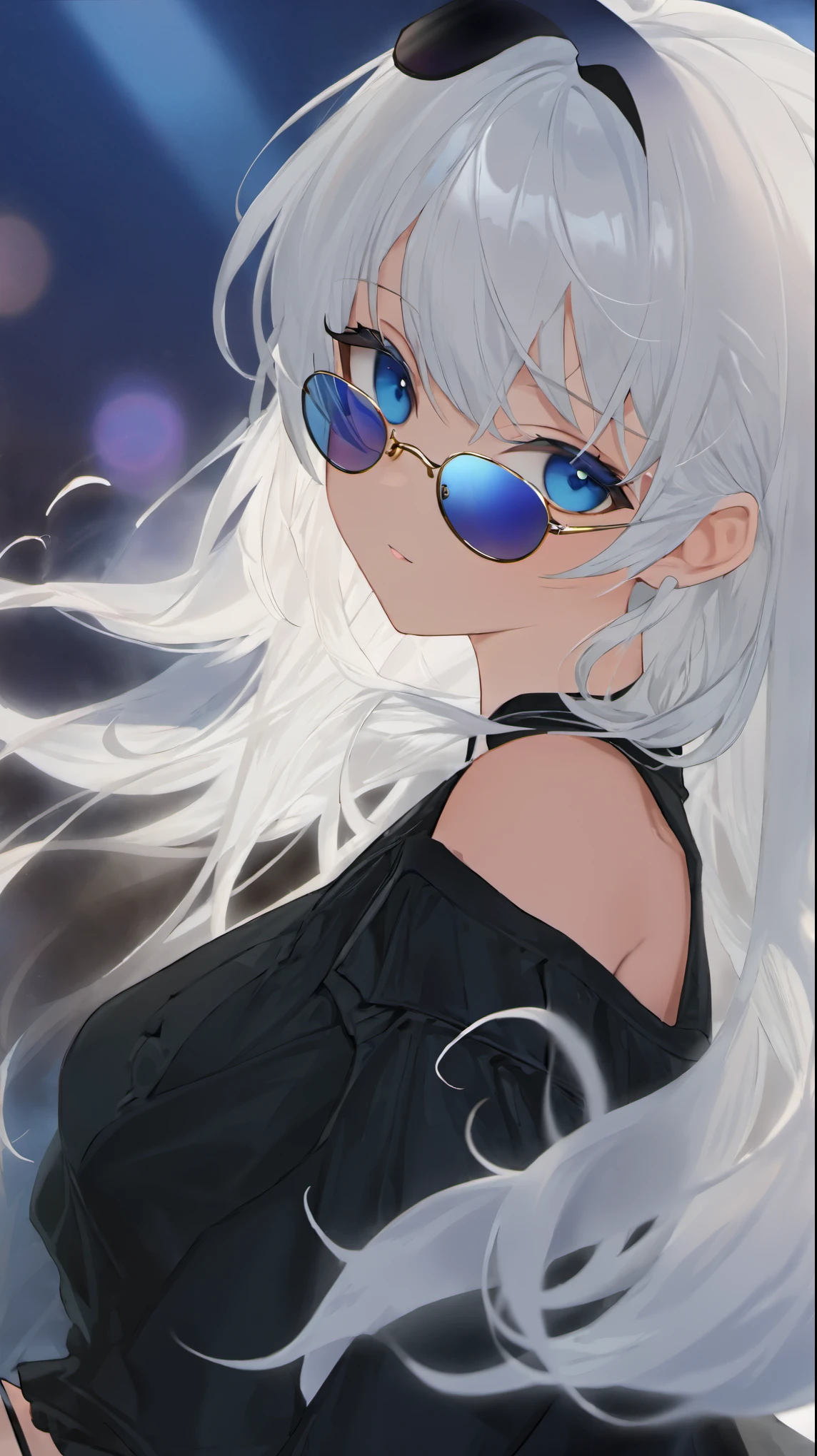 A girl,White hair,blue eyes,Black clothes,A pair of sunglasses