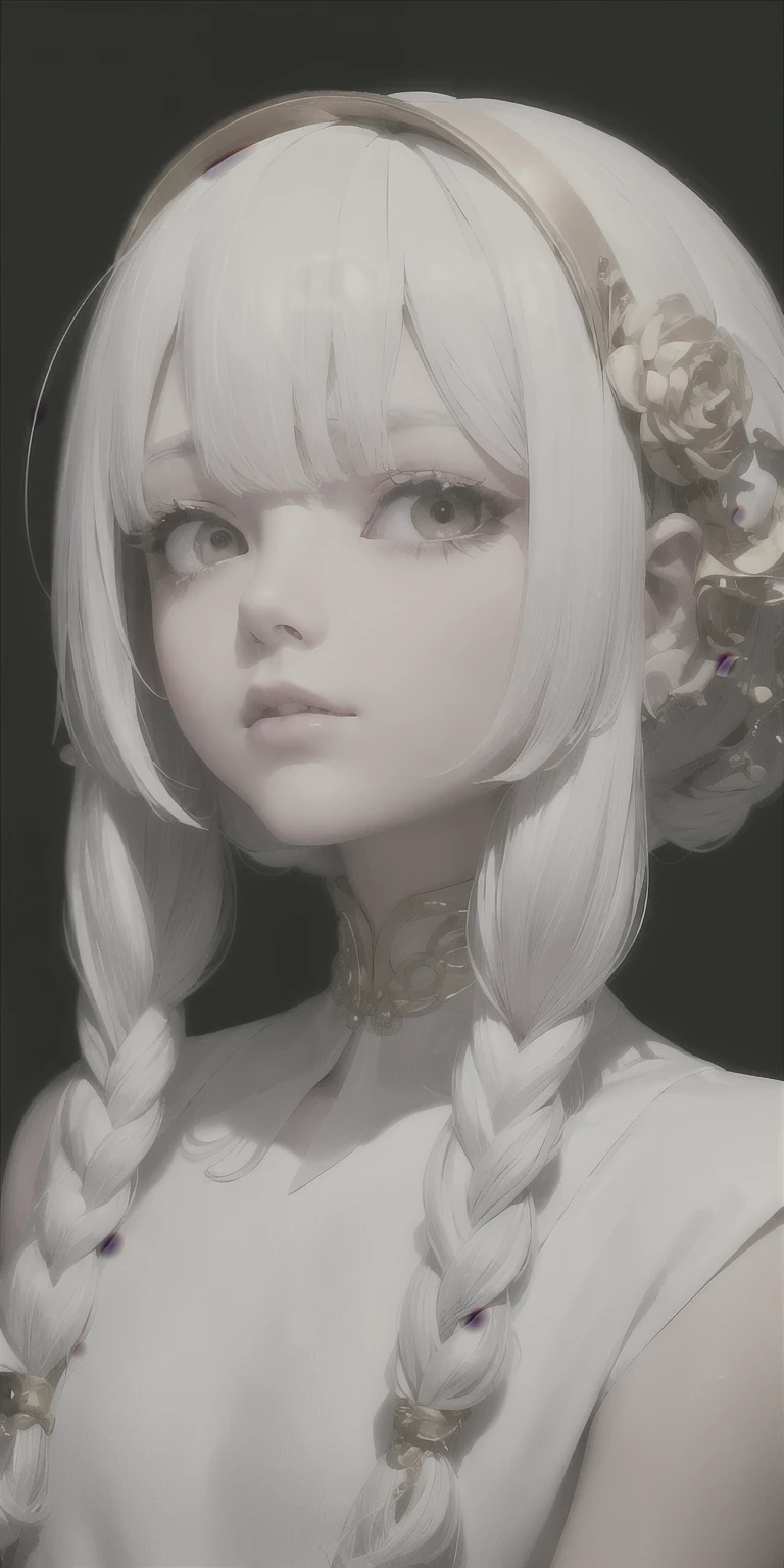 best quality, masterpiece,white hair, gold eyes,white clothes, looking up, upper body,hair strand,Fair skin,side braids
